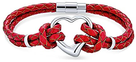 Bling Jewelry Bracelet En Cuir À Plusieurs Brins Avec Cordon Tressé Fin Rouge Pour Femme Cœur Ouvert Ton Argenté Acier Pour Petite Amie
