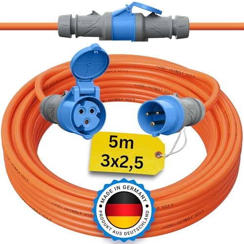 Camping Kabel 5 Meter CEE Verlängerungskabel 5m Außen H07BQ-F 3x2,5 Strom Wohnwagen Landstromanschluss Wohnmobil Caravan Orange Verlängerung Stromkabel Verlaengerungskabel Outdoor