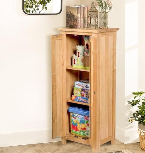 Hallowood Furniture Waverly Oak Narrow Storage Unit in Light Oak, Solid Wooden 2 Door Cupboard with 2 Adjustable Shelves, Small Cabinet, Small Unit Book Cabinet for Home & Office