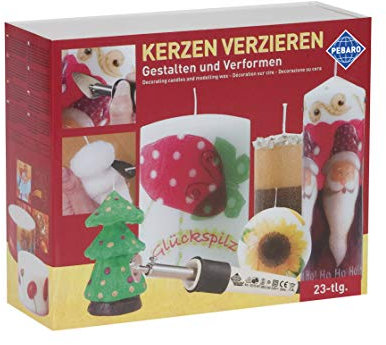 Pebaro 0277W Geschenkset zum Verzieren von Kerzen: Kerzenkolben, Minibügeleisen, Messingbürste, Schreibspitze, Kerzen, Servietten mit Weihnachtsmotiven zum Aufbügeln, Basteln mit Wachs, Weihnachtsdeko
