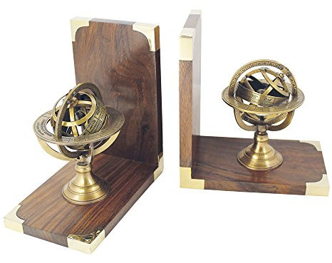 Morris Maritim - Buchstützen - Armillarsphäre, Holz/Messing, 1 Paar, 31,5x17x10cm