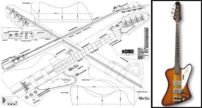 Aust Luthiers Supplies Thunderbird Basse à 4 cordes – Plan complet – Corps et manche en tilleul – Dessus en acajou – Noir et blanc