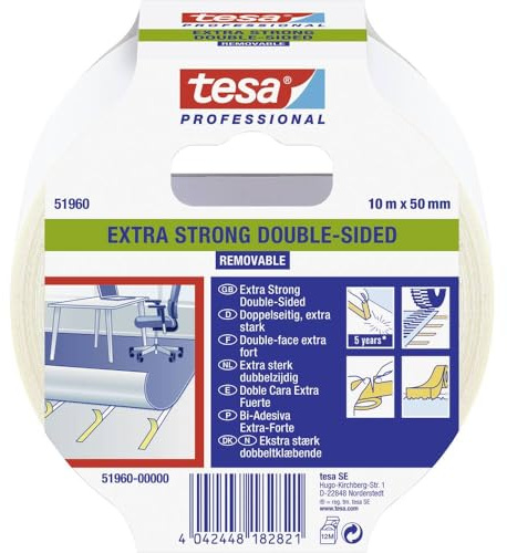 TESA 51960-00000-11 51960-0000-11 Klebeband zur Befestigung von Böden, doppelseitig, extra stark, abnehmbar, Serie 51960-10 m x 50 mm