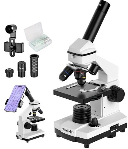 Aomekie Microscopes for Adults 64X-640X Professional Monocular Biological Electron Microscope with LED Light and Slides for Experiment Learning