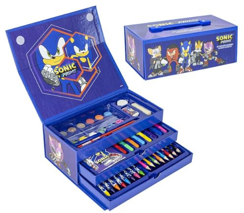 Farbkoffer für Kinder Sonic Set 52 Stück Farben und Schreibwaren Box mit Schubladen Zeichen- und Malset