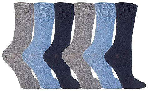 Gentle Grip Lot de 6 paires de chaussettes diabetiques pour femme sans élastique imprimées 37-42, bleu, 37-42