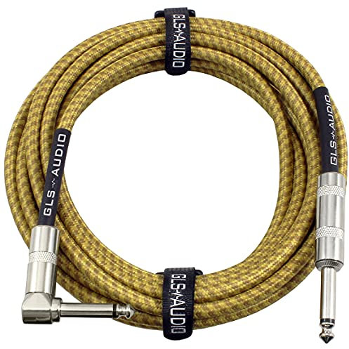GLS Audio Cavo per strumenti - Cavo amplificatore per basso e chitarra elettrica, cavo dritto ad angolo retto da 1/4, in tweed intrecciato marrone/giallo, 6,1 m