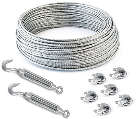 Kit fil Corde 10 M PVC 3 pinces/4 mm 6 x 7 + 6 x Corde 5 mm din741 + 2 x Tendeur à M5 Boucle de crochet acier galvanisé Corde forestière Treuil Corde Corde Fil Corde Fil en acier pinces fil Corde Serre-câble Pince Butée Cadenas avec corde de serrage spann Schloß Tendeur de Spanner