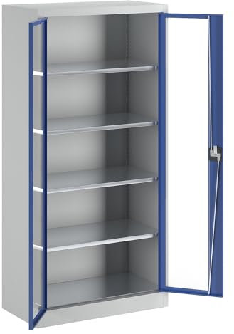 Mauser | Sichtfenster-Flügeltürschrank | mit 4 Fachböden | HxB 1950 x 950 mm | Tiefe 500 mm | lichtgrau/enzianblau