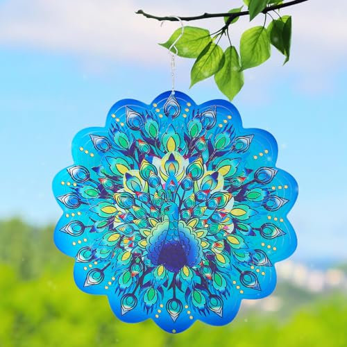 Windspiel aus Metall, Pfau, Edelstahl, 3D-Hänge-Windspinner, 30,5 cm, lasergeschnittene Windskulpturen für Frauen, Geschenk, Innen- und Außendekoration, Hofkunstdekorationen (Pfau)