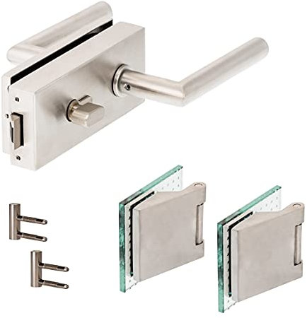 Glastürbeschlag Q WC PZ Edelstahl Bänder Glastürschloss Glastürbeschläge Bad + 3tlg. Bänder (einwärts öffnend)