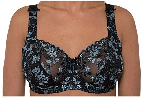 Gemm Ladies Black Turquoise Embroidered Large Bosom Lace Underwired Firm Bra Plus Size Cup (40 J)