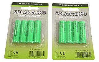 Solar-Akku 2 x 4 er Set Solar-Batterie leistungsstarke, wiederaufladbare Batterien AA- NiMH, 800mAh