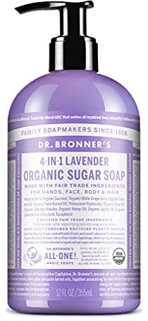 Dr Bronner’s 4-in-1 Organic Lavender Sugar Soap, Made with Organic Oils, Sugar and Shikakai Powder, For Hands, Body, Face & Hair, Fair Trade Certified & Vegan Friendly, 335ml Recycled Pump Bottle
