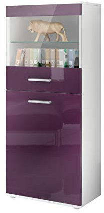 Vladon Vitrine Almada, Made in Germany, Standvitrine mit 2 Türen, 4 Fächern und 1 Glaseinsatz, Weiß matt/Brombeer Hochglanz (53 x 125 x 30 cm)