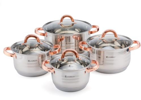 EliteHoff Topfset Induktion, Kochtopf Set mit Glasdeckel, 7-lagiger Edelstahl Topf- & Pfannensets mit Deckel, Griffe in Roségold, Kochgeschirr Set für alle Herdarten (8-teilig)