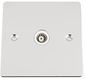 TV Coaxial Aerial Socket Single 1 Gang - Polished Chrome - Flat - White Insert