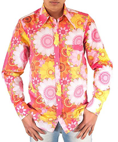 Coloré ANNÉES 1970 Fleurs Flower power Chemise Rose - Rose - Medium