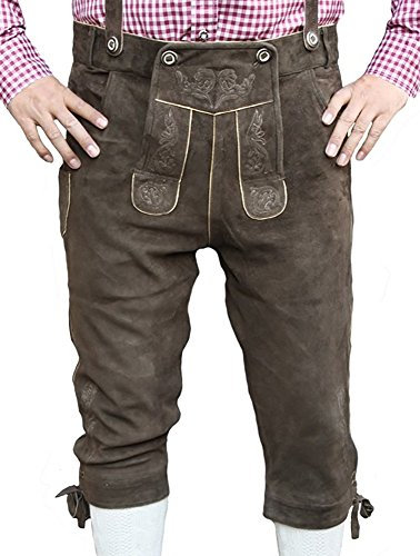 German Wear Trachten Lederhose Kniebundhose Ziegenvelour mit Hosenträger Dunkelbraun, Größe:60