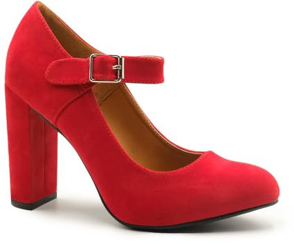 Womens Block High Heels Ankle Strap Court Shoes Ladies Mary Jane Comfort Work Pumps Formal Smart Office Heeled Party Occasion Strappy Slip On Heel Sandals Red Faux Suede 7 UK