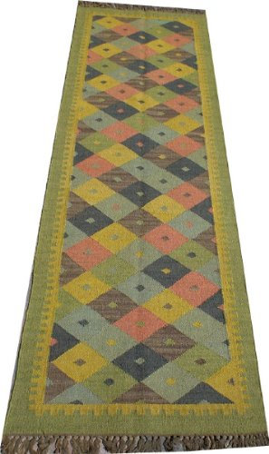 GURU SHOP Orientalischer Grob Gewebter Kelim Teppiche 250x80 cm - Muster 3, Grün, Leinen, Teppiche, Bodenmatten