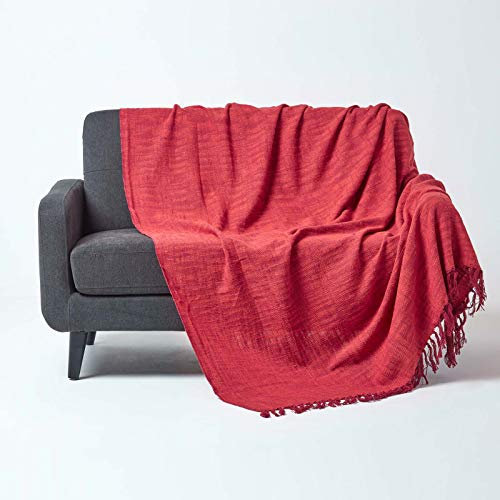 HOMESCAPES Nirvana Jeté de lit ou de canapé avec Frange Nouée à la Main de 225 x 255 cm 100% en Pur Coton Orange