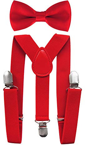 axy® Hochwertige Kinder Hosenträger-Y Form mit Fliege- 3 Clips EXTRA STARK-Uni Farben (Rot)