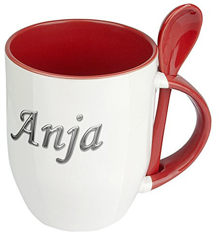 digital print Namenstasse Anja - Löffel-Tasse mit Namens-Motiv Chrom-Schriftzug - Becher, Kaffeetasse, Kaffeebecher, Mug - Rot
