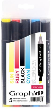 GRAPH'IT - Set mit 5 Alkoholmarkern mit doppelter Spitze: fein und abgeschrägt – Manga-Zeichnung und Illustration – Profi und Anfänger – Farbe: Basic Tones Serie