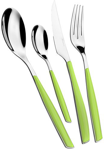 BUGATTI, Glamour, Ensemble de 24 Couverts en Acier Inoxydable 18/10 et Manche Vert Pomme. Ensemble de Couverts 6 Personnes composé de 6 cuillères, 6 fourchettes, 6 Couteaux et 6 cuillères à café