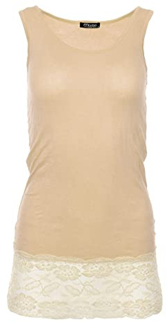 Easy Young Fashion - Damen Trägertop mit Spitzensaum - langes Unterziehshirt Skinny Fit 0518 (Sand M/L)