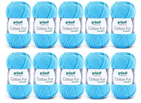Gründl Wolle Cotton Fun - Wolle zum Häkeln - Strickgarn - Häkelgarn - Pflegeleicht und hautfreundlich - 100 % Baumwolle - 10 Knäuel 50 g / 115 m - Nadelstärke 3 - 4 - Himmelblau