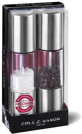Cole & Mason H56390P Oslo Molinillos de Sal y Pimienta, Precision+/Molienda Ajustable, Acero Inoxidable/Acrílico, 185mm, Incluye 2 x Molinos