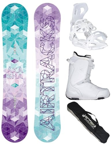 Airtracks Damen Snowboard-Set Freestyle Freeride Akasha Lady Flat Rocker 144 + Snowboard Bindung Master W + Snowboardboots Strong ATOP W 38 + Sb Bag