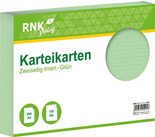 RNK Verlag 115045 - Karteikarten liniert, 7 mm grün, 7 mm, DIN A4, 1 Packung à 100 Karten