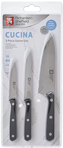 Richardson Sheffield Cucina 3-Piece Knife Starter Set – Black Handles, Stainless Steel Blades – Paring, All-Purpose & Cook’s Knife – Essential Kitchen Cutlery Set
