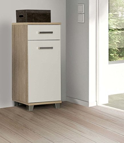FORTE Veris Kommode mit 1 Tür und 1 Schublade, Holzwerkstoff, Sonoma Eiche / Weiß Hochglanz, 16,1 x 90,8 x 40,2 cm