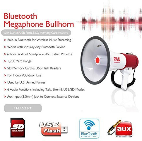 NEW 2015!! PYLE MEGAFON PMP52BT WEISS IST ROT 50 WATT MAX MIT AMERIKANISCHEN SIRENE HÖRBARES BIS 1100 METERN MIT USB ANSCHLUSS, SD CARD JACK 3,5 MM AUX IST BLUETOOTH)