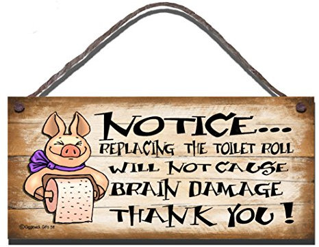 Shabby Chic Birthday Occasion Wooden Funny Sign Wall Plaque. Notice Replacing The Toilet Roll Will Not Cause Brain Damage.