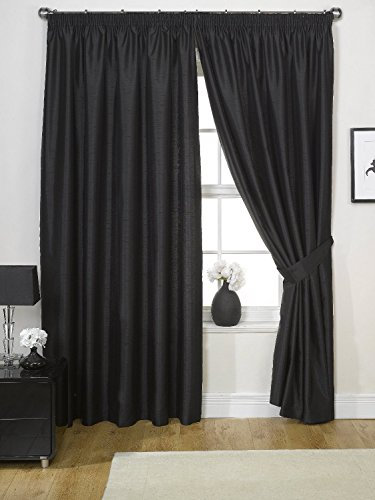 viceroy bedding Pair of BLACK 90 Width x 108 Drop, Luxury FAUX SILK Pencil Pleat Curtains INCLUDING PAIR OF MATCHING TIE BACKS