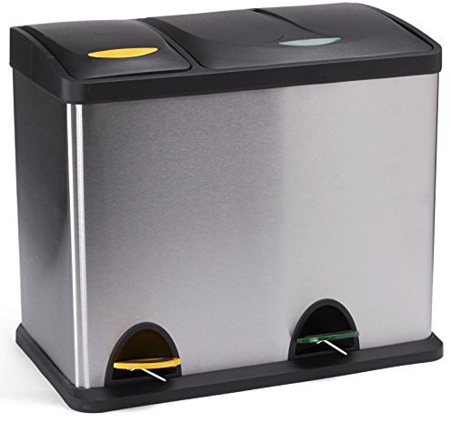 MSV Mülleimer Mülltrennsystem 26 L (8 Liter + 18 Liter) mit Inneneimer große Abfallbehälter Abfalleimer Treteimer Edelstahl, Silber/Grau