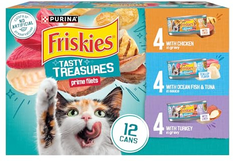 Purina Friskies Wet Cat Food Variety Pack, Tasty Treasures Prime Filets (With Ocean Fish and Tuna, With Chicken and With Turkey) - 5.5 Ounce (Pack of 12)
