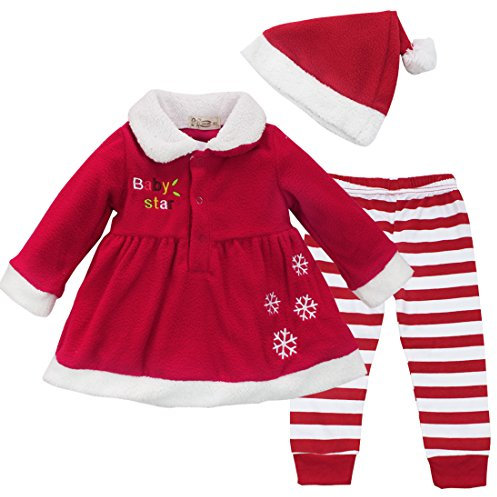 YiZYiF Cute Baby Mädchen Weihnachten Bekleidung Set Warm Fleece Top Pullover Weihnachten Kleid + Mütze Weihnachtskostüm Gr. 80 86 92 (86-92)