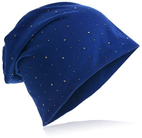 Miobo Jersey Slouch Beanie Long Mütze mit edler Strass Nieten Applikation Unisex Unifarbe Herren Damen Trend,Marine