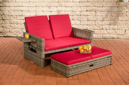 CLP Polyrattan 2er-Loungesofa Ancona 5mm, Rundrattan Garten-Sofa, ausziehbares Fußteil, Verstellbare Rückenlehne | Farbe grau-meliert Polsterfarbe Rubinrot