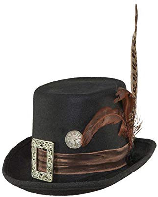 Orlob KBO54501-1 Hut Steampunk Zylinder, schwarz mit Federn
