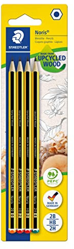 STAEDTLER Bleistift Noris 120, Made from Upcycled Wood, Rutschfeste Soft-Oberfläche, hohe Buchfestigkeit, hohe Qualität Made in Germany, Blisterkarte mit 4 Stück (2 x HB, je 1 x B, 2H), 120-S BK4D