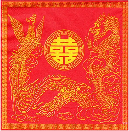 Lot of 20 serviettes in Papier Motif Chinois Oriental Dragon et Phoenix du Bonheur