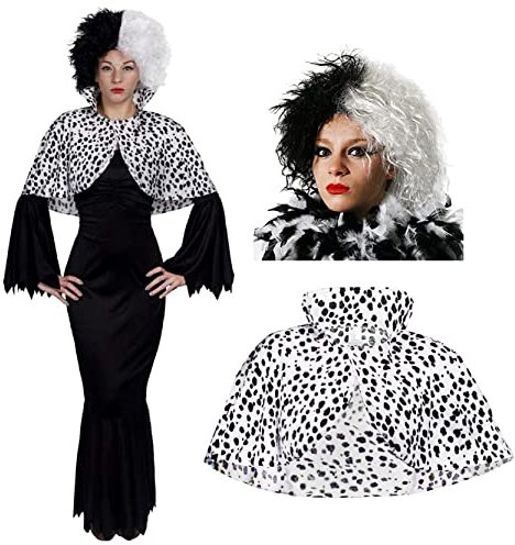 Evil Dog Lady Fancy Dress Costume - Large - Long Black Dress + Half Black Half White Wig + Dog Lady Cape - Perfect for World Book Day