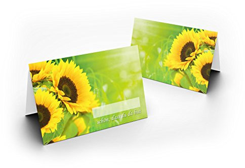 Karten24Plus 100 Wunderschöne Tischkarten (Sonnenblumen) UV-Lack glänzend - für Hochzeit, Geburtstag, Taufe, Kommunion, Firmung, Jubiläum als liebevolle Tischdekoration!Format 8,5 x 11,2 cm